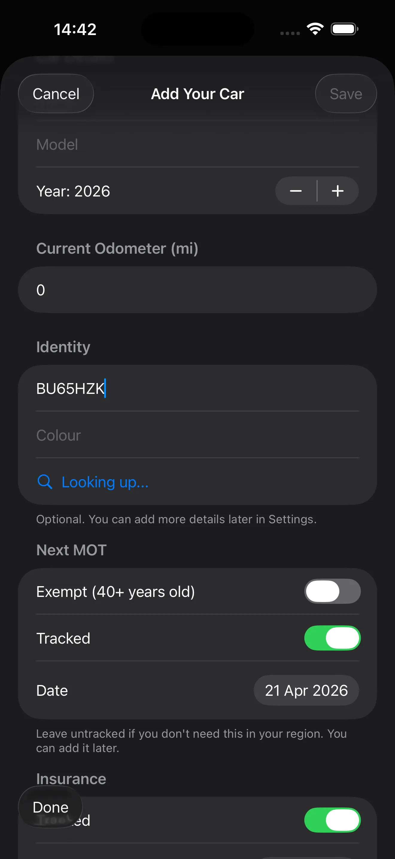 Add Your Car screen with the reg plate BU65HZK entered and the DVLA lookup spinner running