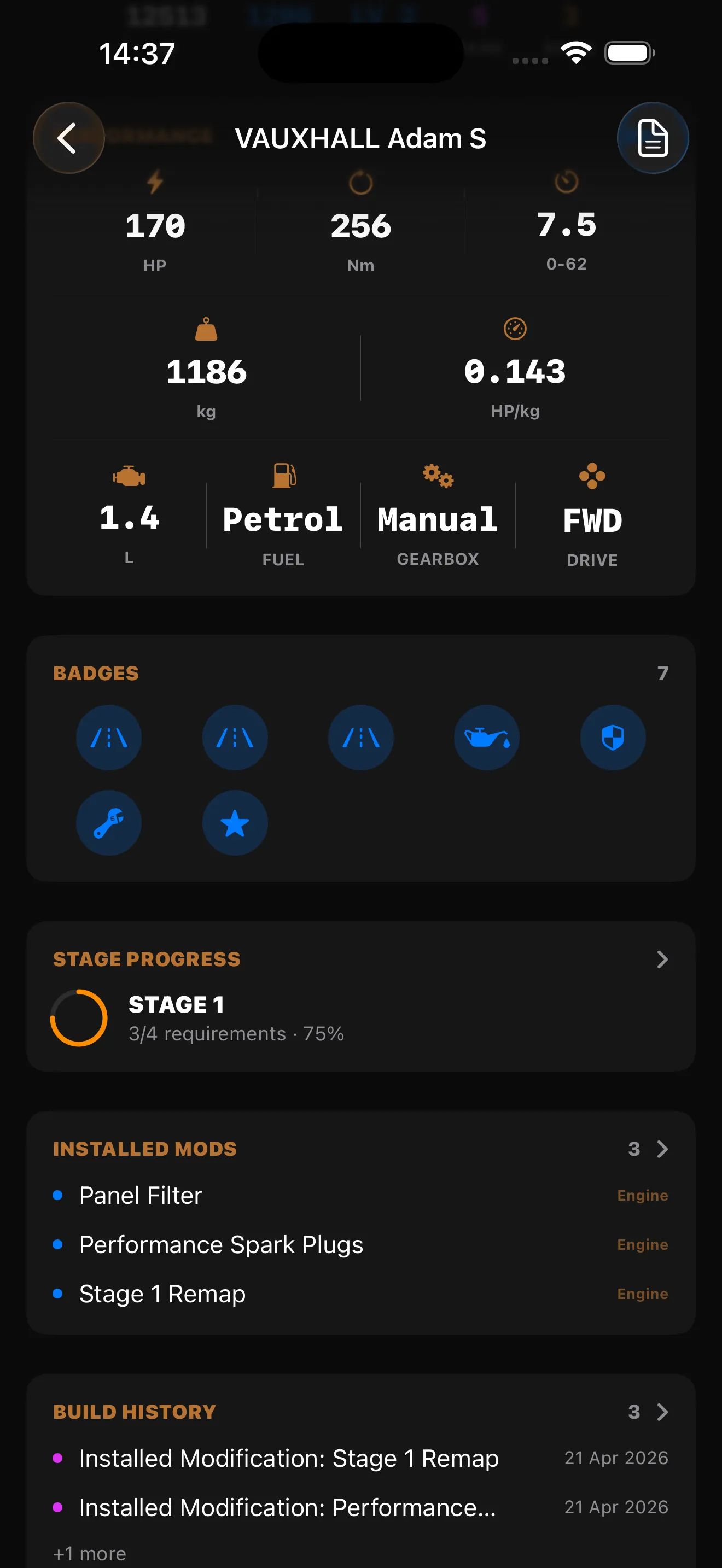 Build View showing 170 HP, 256 Nm, 0-62 in 7.5 seconds, badges, stage progress, installed mods, and build history