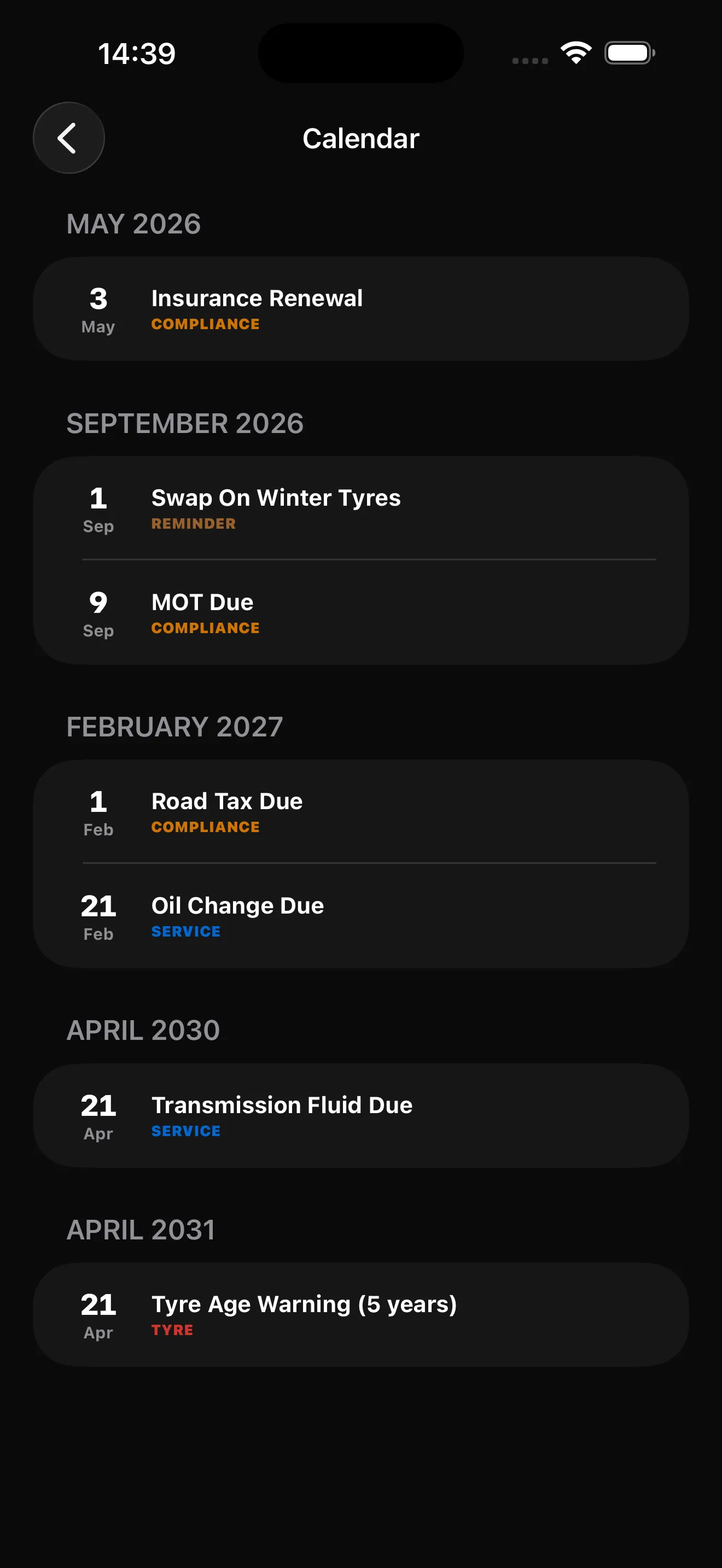 Calendar view showing upcoming compliance and service dates: insurance renewal, winter tyres, MOT, road tax, oil change, transmission fluid