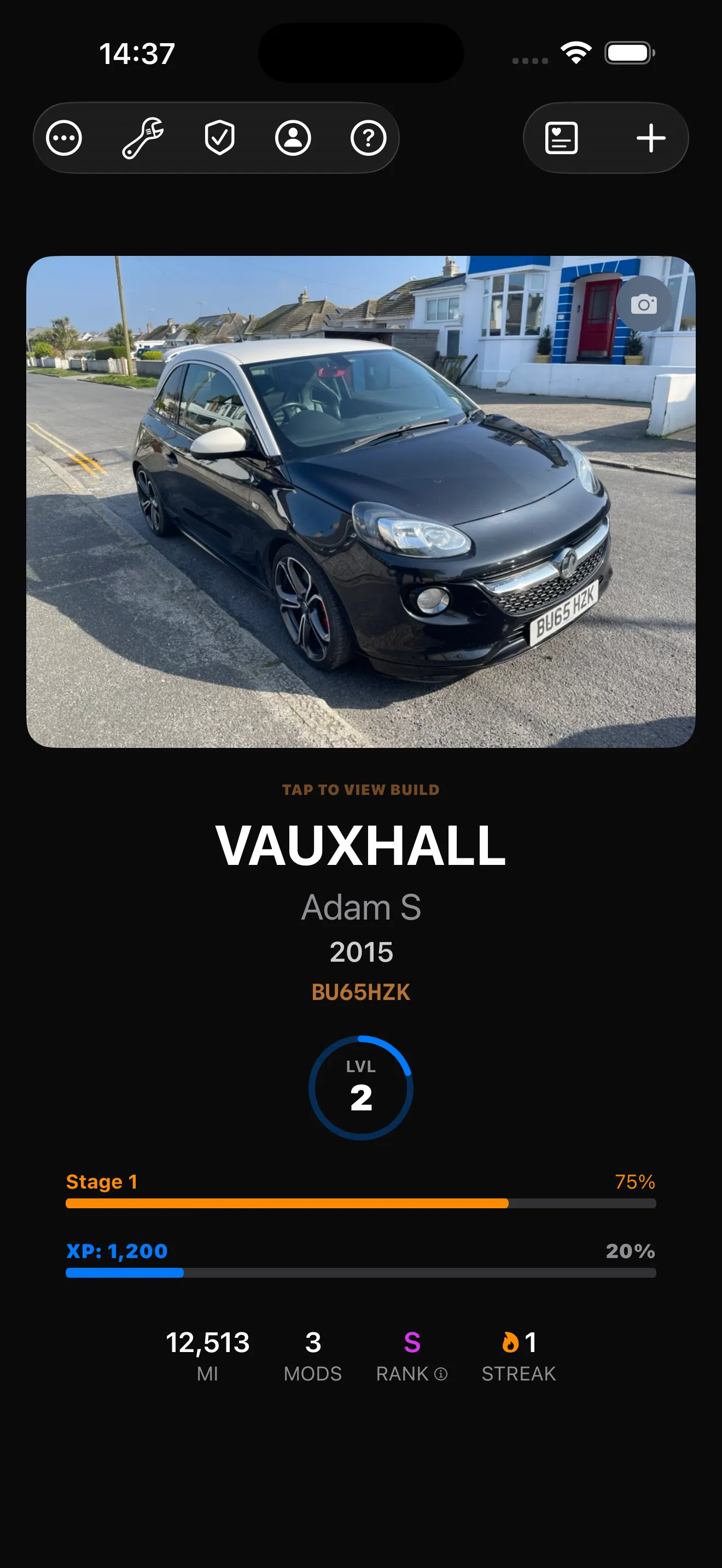 ModMap garage view showing a black Vauxhall Adam S with stage progress, XP, and reliability stats