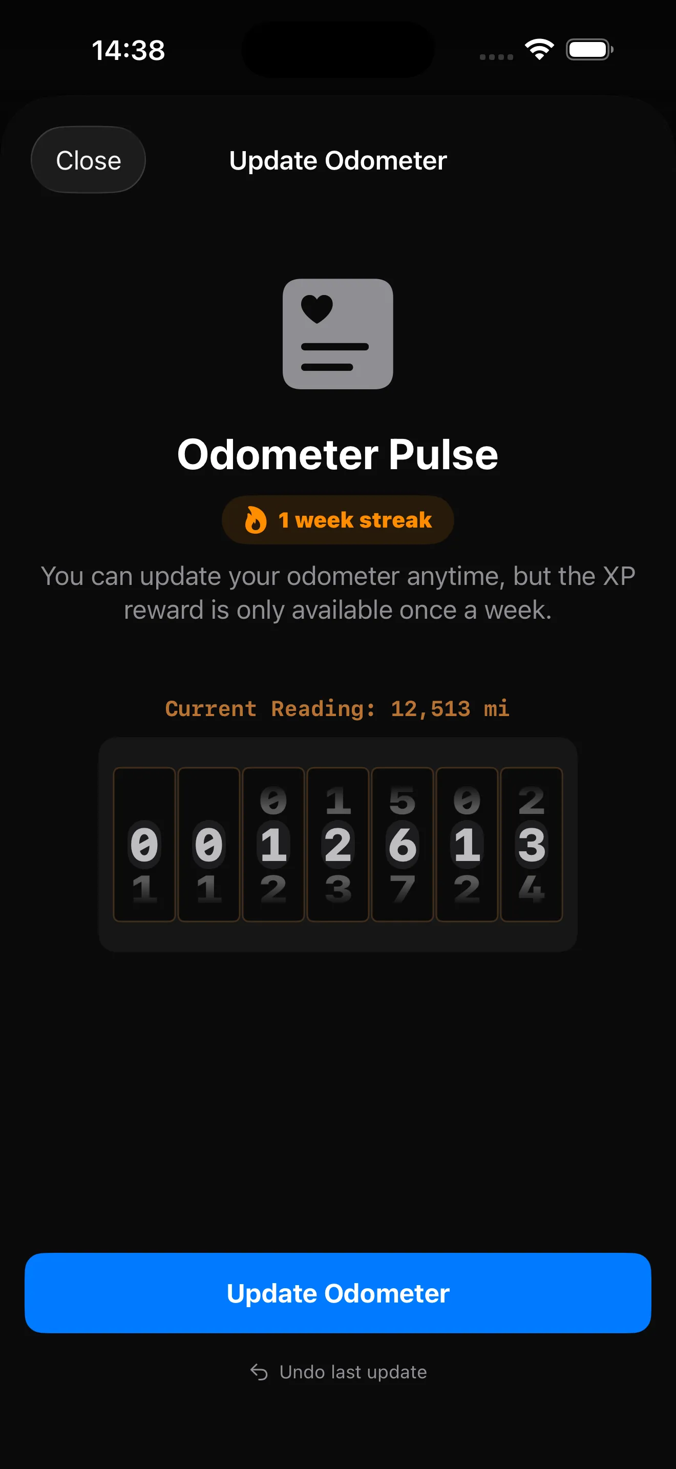 Odometer Pulse showing a tumbler-style mileage entry, 1 week streak, current reading 12,513 miles