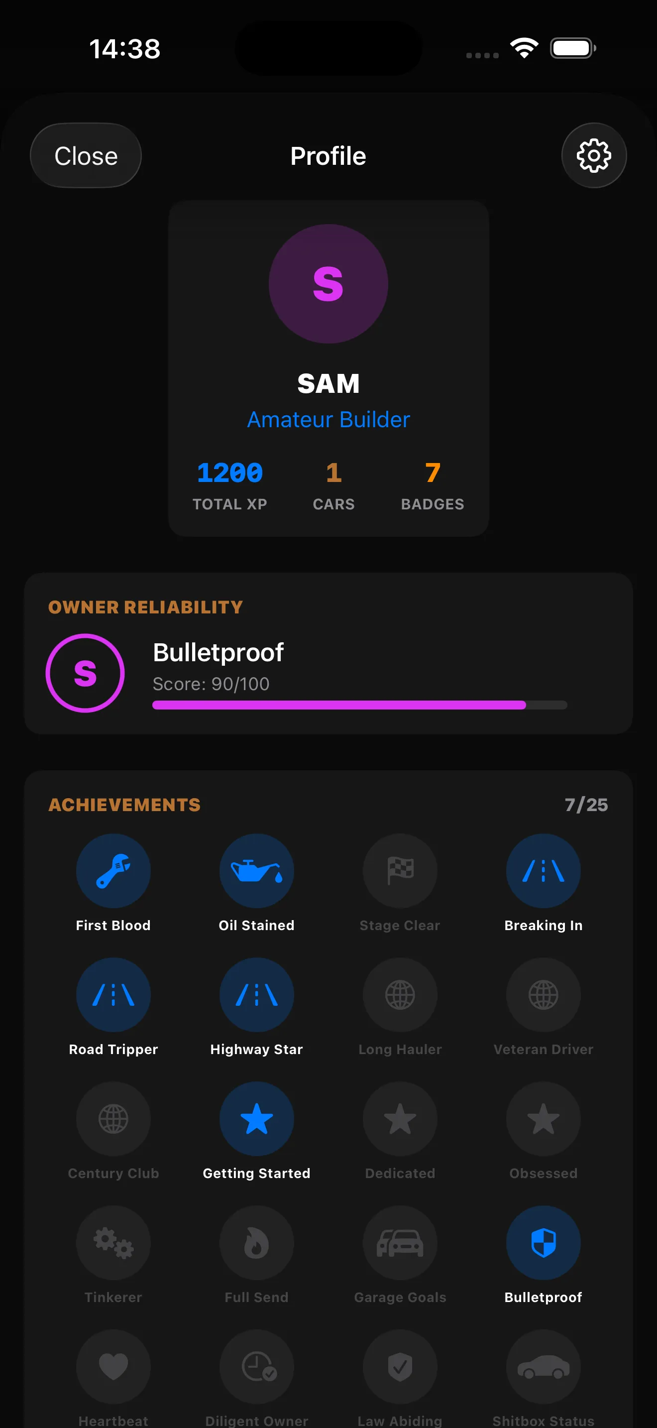Profile view showing Sam, Amateur Builder rank, 1200 total XP, 1 car, 7 badges, Bulletproof reliability score 90/100, and an achievement grid